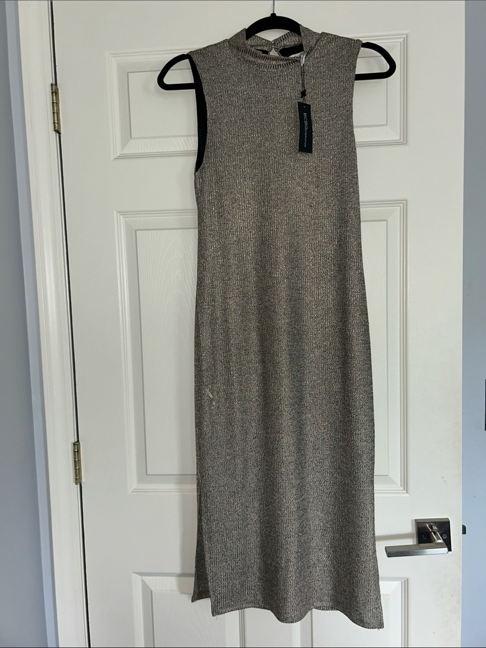 BCBG Sleeveless Metallic Knit Maxi Dress in Champagne